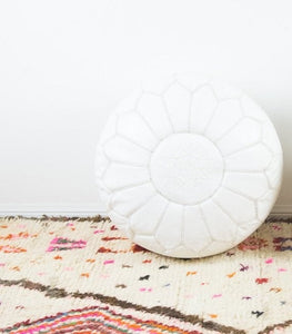 Hand Made Moroccan Pouf White Natural Genuine Leather